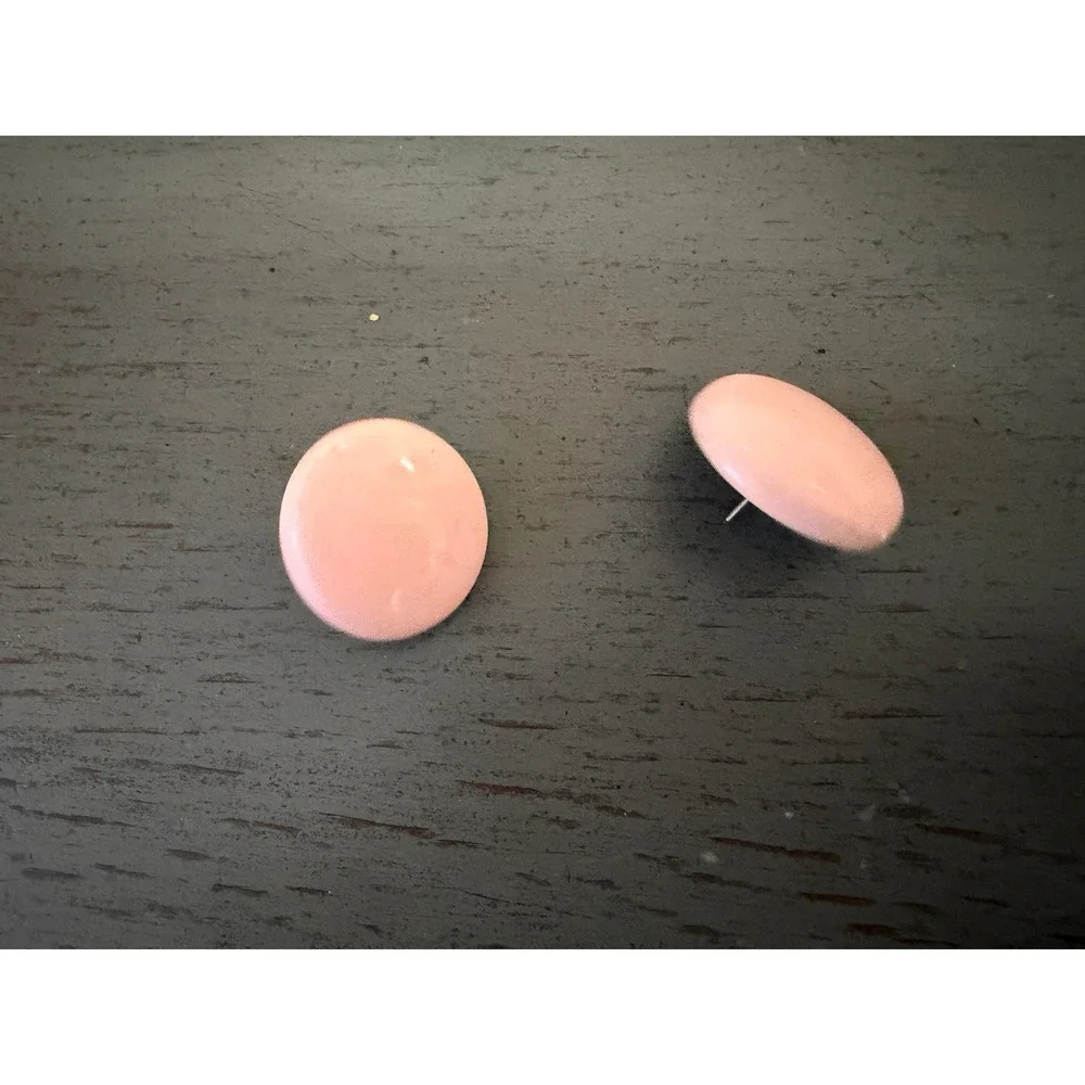 Vintage Pink Button Stud Earrings Round Oversized Retro 80s Pastel Glossy 1 Inch